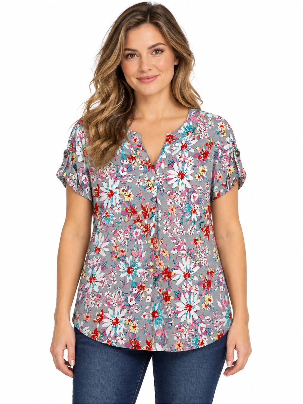 Dear Scarlett women’s gray floral V-neck roll-tab sleeve blouse size medium